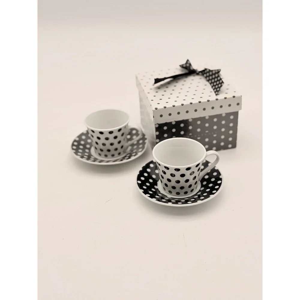 Black White Polka Dot Espresso Cup and Saucer Set of 2 with Matching Gift Box